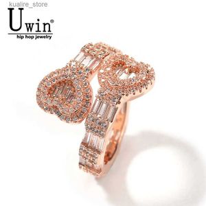 Cluster Rings Uwin Double Heart Justerable Horn CZ Full Ice Bright Cubic Zirconia Mens Punk Charm Luxury Hip Hop Jewelry Gift L240402