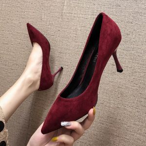 Pumps Maogu Women Low Heel Pointed Toe Pumps Velvet Slipon Cozy Ladies Heeled Shoe Stiletto 5cm Wine Red 2023 Summer High Heels Shoes