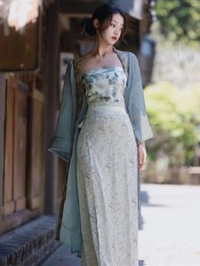 Vestidos de trabalho verão chinês hanfu 3 peças conjuntos de impressão Tubo de uma saia de laço de laço Padrão escuro Shawl dama de três peças ternos