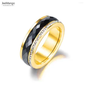 Alyans Jeemango 316L Paslanmaz Çelik Siyah Seramik Takı Altın Renk Kübik Zirkonya Nişan Yüzüğü Kadınlar için JR18013