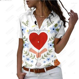 Blusas femininas de mangas curtas de mangas com botão de lapela estilo 3D Roupas impressas