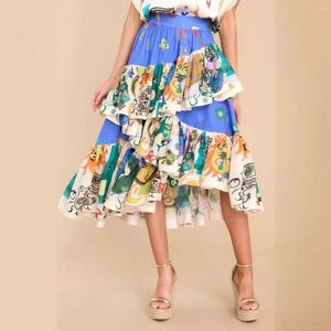 Kjolar sommar avslappnad chic kvinnor mode blommor midi kjol med a-line gunga