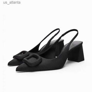 Klänningskor Traf Women Black High Heels 2024 Summer Square Ring Pointed Toe Slingback Pumpar Chassics Heel Sandal för H240403