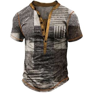 3D Printed T-shirt, Men's Three Button Henry Shirt, Summer Casual Short Sleeved Top