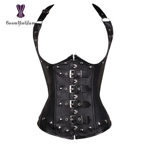 Czarne kobiety 039S Punk Style Spiral Steel Boned Taist Trener Cincher Shaper Faux Leather Corset Underbust dla kostiumów imprezowych 8289882360