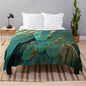 Filtar Feather Glitter Teal and Gold Throw Filt Sofa Quilt med tofsar
