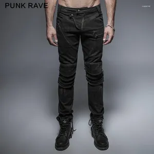 Men's Pants PUNK RAVE Visual Kei Black Long Zipper Decoration Trousers Fashion Casual Fitted Armor Knee Man Jeans