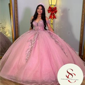 Pink Princess Shinning Crystal Corset Ball Gown Quinceanera Dresses Applique Lace Tull Princess Sweet 16 Dress vestidos de 15