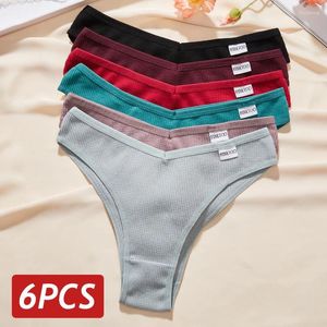 Women's Panties 6PCS Women Waffle Cotton Sexy V-Waist Underwear Mluti-Colors Female High Elasticity Brazilian Bikini Lingerie