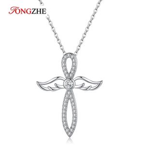 Collane Tongzhe Angel Cross Cipcant Cocklace per donne 925 Sterling Silver Double Wings Party Birthday Gioielli regalo