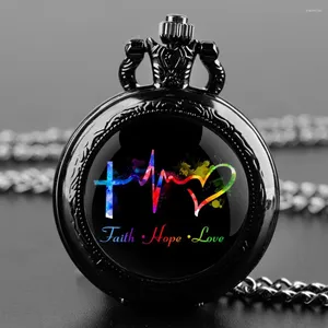 Карманные часы Faith Hope Love Design Стеклянный купол Винтажные кварцевые часы Мужчины Женщины Подвеска Цепочка Ожерелье Шарм Часы Ювелирные изделия Подарки