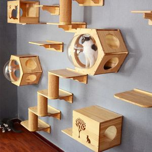 Cat Wall Climbing Shelves Mounted Hammock Scratching Post Wooden Stairway with Sisal Rope Ladder Tree 240320