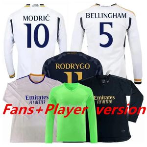 Fãs de mangas compridas Arda Guler Soccer Jerseys Bellingham Real Madrids 2023 2024 Valverde Alaba Vini Jr Camavinga Tchouameni Kroos Modric Futebol Camisa completa 999