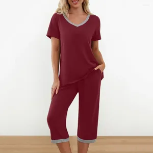 Home Clothing Women Pajama Set Stylish V Neck Pajamas With Contrast Color Short Sleeve Elastic Waist Cropped Pants 2 Piece For Summer