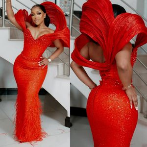 2024 African Plus Size ASO EBI Prom Kleider gefiedert Abend Elegante Paillettenspitzenperlen Formal für schwarze Frauen Geburtstagskleidempfang am548 407