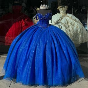 Sweetheart Princess Quinceanera Dresses Off The Shoulder Straps Sparkly Sequins Ball Gown Sweet 16 Dress With Big Bow Back Corset Lace-Up Royal Blue Prom Party Wear