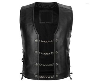 Men039S västar Ko Real Herr Motorcykel Biker Rock Chain Collarless Waistcoat Svart sida snällt upp äkta lädervest6664328