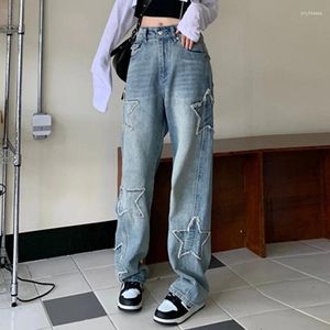 Women's Jeans Star Patch Embroidered Straight Tube For Women Vintage High Waisted Loose Drape Floor Mop Denim Pants