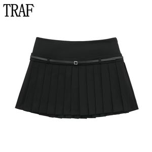 Traf caixa plissada mini saias para mulheres preto meados de ascensão das mulheres saias cinto escritório mulher curta saias streetwear saia skort feminino 240321