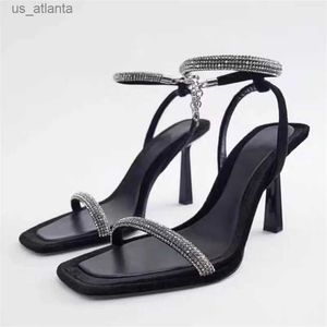 Dress Shoes TRAF Women High Heeks Black Sandal Rhinestone Chain Ankle Straps Stilettos Pumps Square Round Open Toe Slingbacks H240403