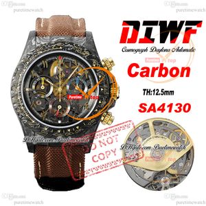 Di Carbon SA4130 Automatische Chronographen Herren Watch Diwf Skelett Gelbgold Arabisches Zifferblatt Brauner Nylon -Gurt Super Edition gleiche Serienkarte Reinigungszeit Reloj Ptrx F2