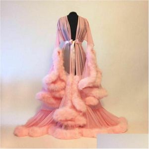 Basic & Casual Dresses Luxury Y Lace Night Robe Women Kimono Maxi Dress Gown Mesh Long Sleeve Fur Babydoll Party Sleepwear Nightgrown Dh1Ey