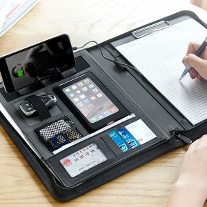 Bag Multifunktionellt dragkedja Läderföretag Manger Bag A4 Filmappar Organiser med Power Bank iPad Stand USB Rigid Disk Fasterner