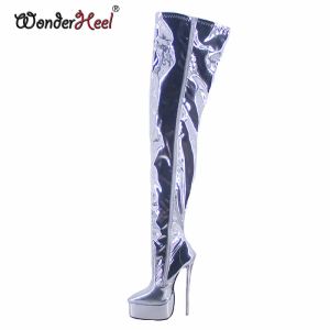 Boots WonderHeel 2021 جديد 20 سم واضحة الكعب صنم عالي الكعب من منصة مثيرة لجلد مثير على ركبة أحذية Cosplay أحذية الملهاء الليلية المنشعب