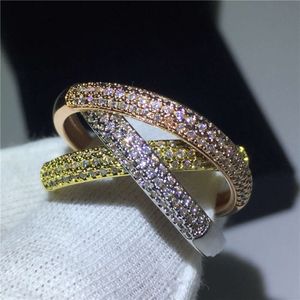 ジュエリーシエトリプルサークルゴールド/ローズゴールド/シア3色Pave CZ Ring Women Wedding Finger Ringsギフト