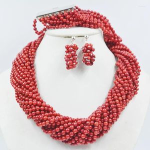 Halsbandörhängen Set 20 Strand Necklace/13 Armband 4mm Coral Wedding Beads Nigerian Trendy Earring 22 