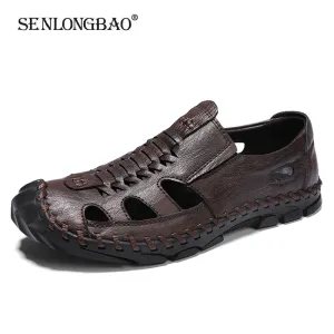 Sandaler märke Summer äkta läder romerska herrar sandaler affärer casual skor utomhus strand vadning tofflor herrskor stor storlek 3848