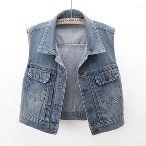 Kvinnors västar vintage blå svart stor ficka denim väst kvinnor lös kort cowboy maistcoat vår sommar avslappnad ärmlös jeansjacka