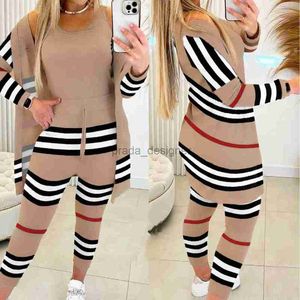 Women's Tracksuits designer 24ss temperament khaki striped mid length cardigan+tank top set leggings