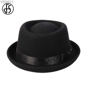 Wide Brim Hats Bucket FS 2024 Black Pork Chop Hat Wool Felt Bow Mens Fedora Jazz Church Panama Gang Fashion Pig Skin yq240403