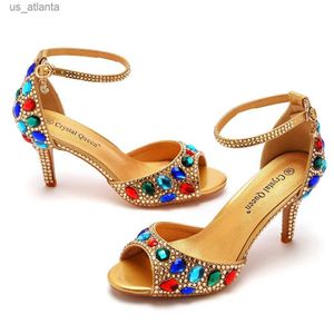 Kleiderschuhe Neue Mode Frauen Sandalen PU 7.5cm Dünne Absätze Schnalle -Gurt Strass Rasshaut Lovely Street Style Party High Heel Gold H240403zldl