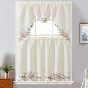 3-piece Polyester Beige Floral Embroidered Window Curtains - Perfect for Home Decoration in Bedroom, Living Room, Kitchen & More