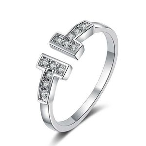 Marke Charm TFF Kupfer Silber plattiert Diamant eingelegtes Doppel -T -Ring Womens Einfache Persönlichkeit kreative Ins Leben mit Logo