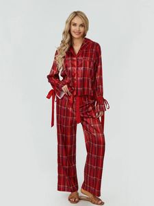 Mulheres femininas Mulheres de 2pcs pijamas conjunta manga longa botão de lapela do pescoço para baixo camiseta xadre