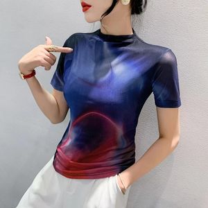 Kvinnors T-skjortor Autumn Half Turtleneck Positioning Print T-shirt Kort ärm mode Mesh Tshirts Tees Female Slim Top Bh9706