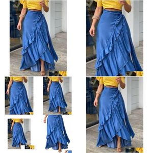 Womens Plus size T-shirt Women Skirt Denim A-Line Elegante Streetwear Party Club Y2K Vintage Plain Ruffle Hem Knot Waist Maxi 2023 New Dhw71