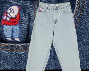 Kvinnors jeans stora pojke y2k byxor hip hop tecknad broderi mamma retro blå lös lossa män kvinnor mode avslappnad hög midja widetrouser