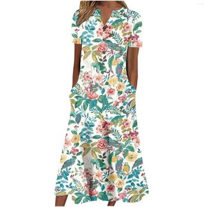 Casual Dresses Vintage Floral for Women V Neck Short Sleeve Botton Summer Dress with Pocket Party Vestidos Long Maxi