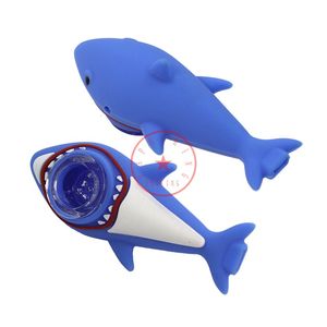 Latest Colorful Shark Fish Silicone Pipes Hand Portable Innovative Herb Tobacco Oil Rigs Spoon Glass Nineholes Filter Bowl Cigarette Holder Smoking