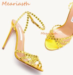 Slippers Meariasth Yellow Purple Bling Bling Crystal Sandals Thin High Heel Strappy Rhinestone Beaded Bride Shoes Shiny Jewelry Pumps