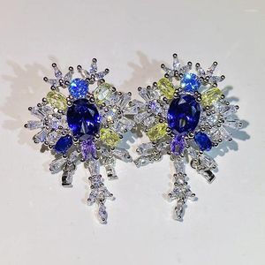 Stud Küpe Yüksek kaliteli lüks menekşe mavi değerli taş küpeler Mikro kakma zirkon kadınlar için 925 gümüş gelinlik takı