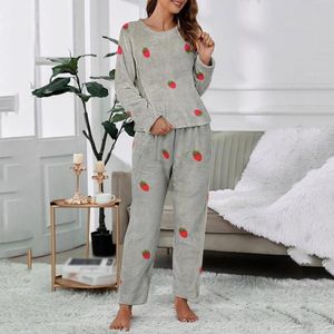 Women's Sleepwear Strawberry Printing Two Piece Set For Lady In Suit Coral Fleece Long Sleeve Tops And Pants