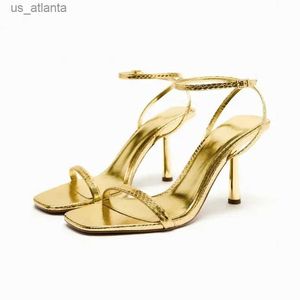 Обувь обувь Traf Summer High каблука квадратная головка сандалии Woman Scree Scale Golden Stiletto Starps Slinkback Women Pumps H240403