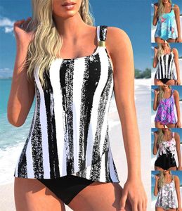 Kadın Mayo Tankini 2 Parça Düzenli Mayo Siyah Beyaz Çizgili Baskılı Baskılı Günlük Tatil Plaj Giyim S-6XL