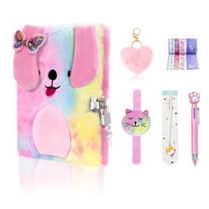 Anteckningsböcker Cartoon Diary Notebooks For Girl Children Plush Dog Secret Diary With Lock and Key Notepad Memo Pads Student Stationery Gift Set