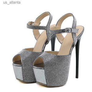 Vestido tênis liyke 2024 novo peep dedo sexy de 16 cm de salto alto de salto alto tira de pólo de dança shoe cristal strass de tornozelo feminino plataforma sandal h240403ushp